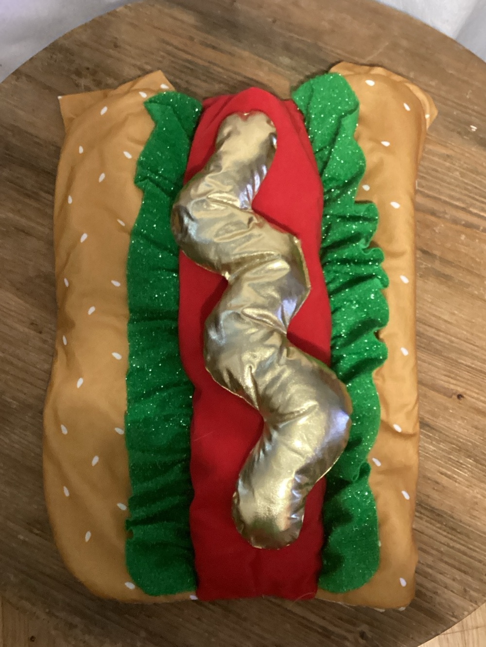 Plush Hot Dog Pet Costume Pillow in Brown, Red & Green with Gold Mustard